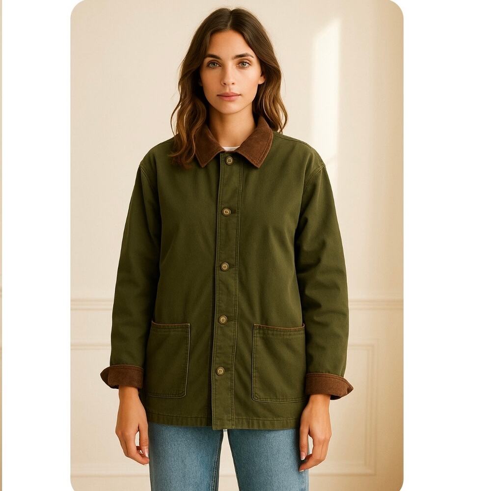 Vintage Cabin Creek Barn Coat Army Green Corduroy Trim Classic Preppy 2XL